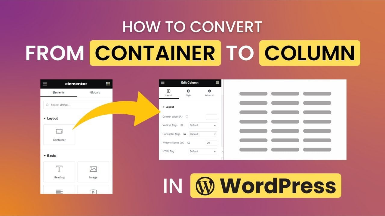 how to convert from container to column wordpress